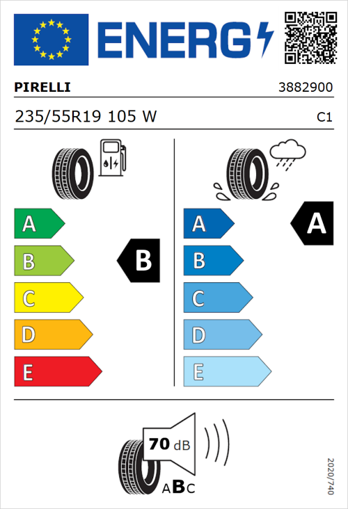 Tyre Label for Pirelli Powergy 235/55R19 105W