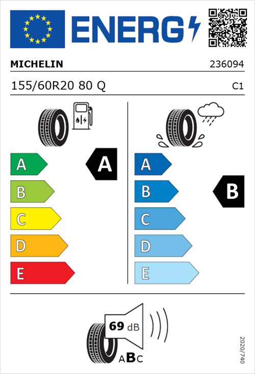 Tyre Label for Michelin e.primacy 155/60R20 80Q