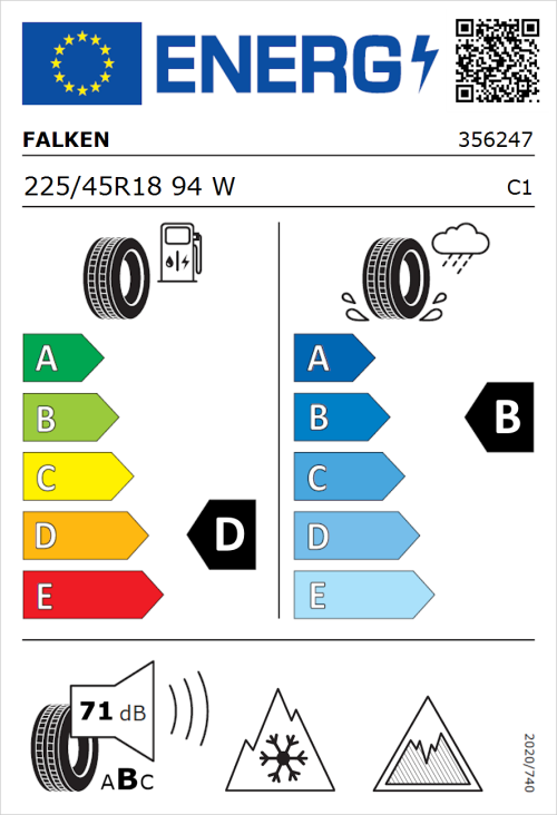 Tyre Label for Falken Euroall Season AS220 PRO 225/45R18 94W