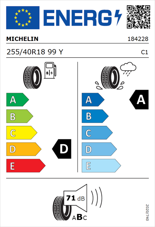 Tyre Label for Michelin Pilot Sport 3 255/40R18 99Y